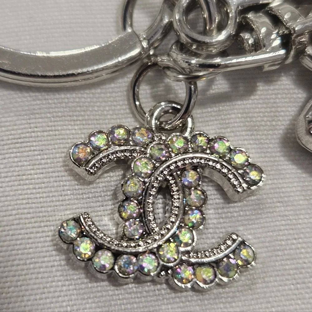 Chanel Stamped Silver Iridescent Crystal Replacement Pull On Bag Charm